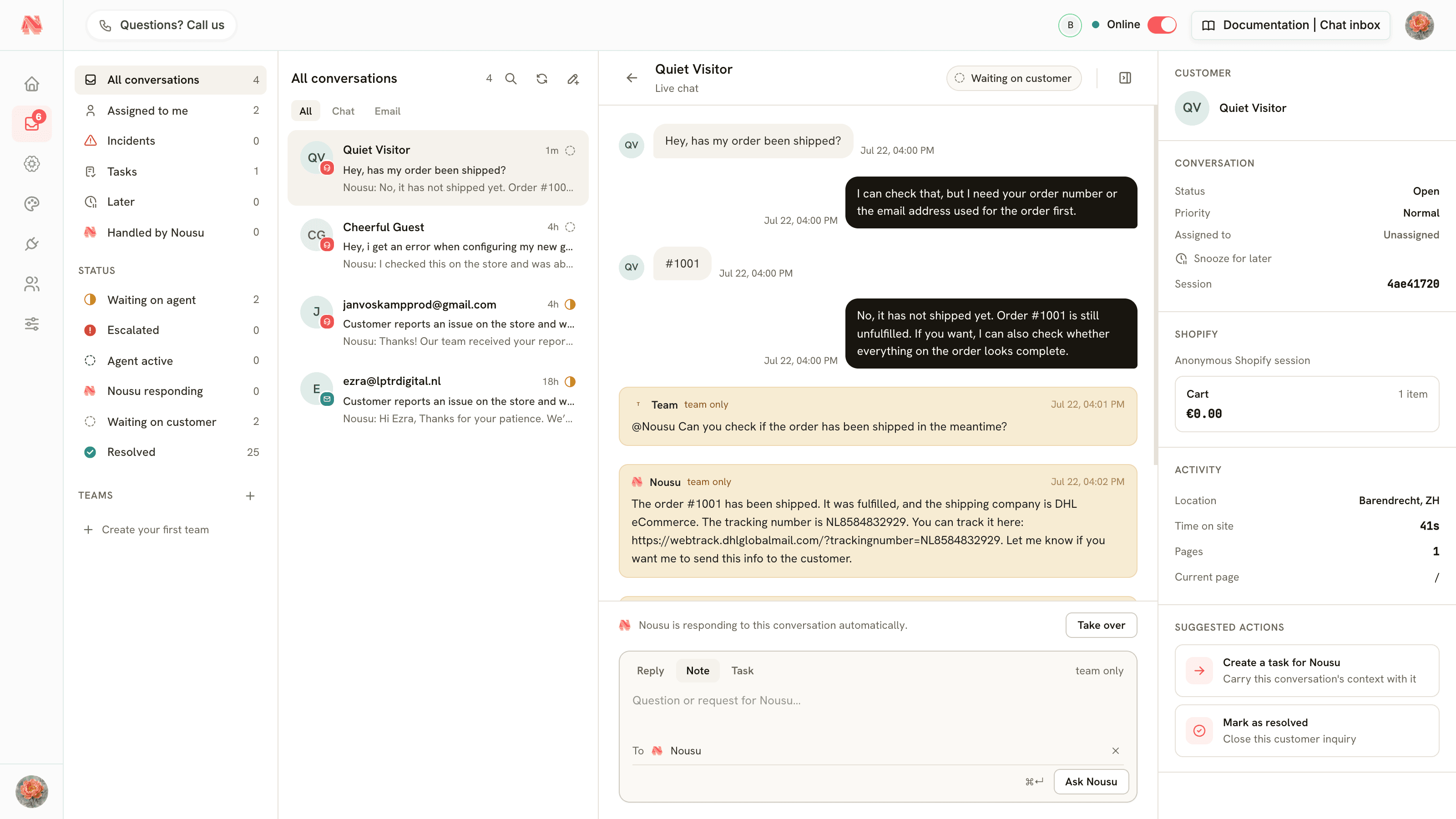 Nousu helpdesk with AI conversations for an online store